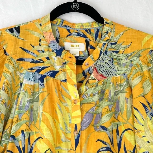 Anthropologie Maeve Yellow Tropical Floral Bird Top Sz L Relaxed Cotton Button - Picture 5 of 14